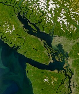Спутниковый снимок моря Селиш. В центре пролив Джорджия, внизу пролив Хуан-де-Фука, залив Пьюджет в нижнем правом углу, вверху слева пролив Джонстона, Тихий океан внизу слева. Хорошо заметны наносы реки Фрейзер