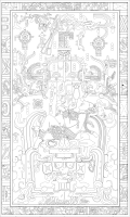 Крышка саркофага правителя майя Пакаля (прорисовка), на которой, согласно фон Дэникену, изображён древний астронавт, поднимающийся к звёздам на космическом корабле