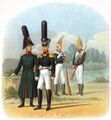 1805-1811. Обер-офицер в сюртуке, штаб-офицер и унтер-офицер в парадной форме, гренадер в походной форме.