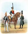 1813-1816. Тамбур-мажор в парадной форме, адъютант и обер-офицер в сюртуках.