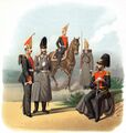 1855-1857. Обер-офицеры в парадной и походной форме, адъютант в парадной форме, рядовой стрелков. роты в шинели, штаб-офицер в праздничной форме.