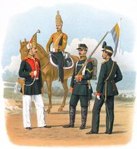 Фельдфебель и штаб-горнист в парадной строевой форме, унтер-офицер в походной форме, обер-офицер в обыкновенной форме Лейб-гвардии Павловский полк, 1865 — 1872 годов, виден батальонный значок.