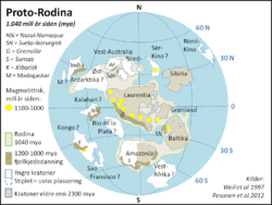 Карта суперконтинента Родиния в конце стения (1040 млн лет назад)