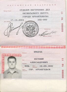 Второй главный разворот паспорта гражданина РФ с печатными данными на бланке, выданном в 2004 году