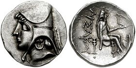 Изображение парфянского царя (возможно, Тиридата I) на монете.
