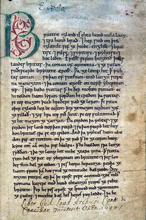 A photograph of the first page of the Anglo-Saxon Chronicle