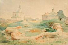 Бельчицкий монастырь. (И. Трутнев, 1866). Слева — Борисоглебская церковь, справа — Пятницкая церковь, на переднем плане руины Великого собора