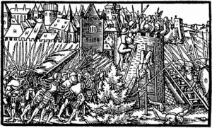 Осада Полоцка в 1563 году, гравюра из аугсбургского «летучего листка». Автор никогда не видел изображений Полоцка, поэтому изобразил типичный европейский город и осаду[1]