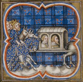 Король Филипп II Август сопровождает пленённых в битве при Бувине Феррана Португальского и Рене де Даммартена. Миниатюра из Больших французских хроник (XIV век).