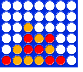 Четыре в ряд. Если ход жёлтых, жёлтые выигрывают (верхняя диагональ в центре); если ход красных, красные выигрывают (нижняя диагональ в центре)
