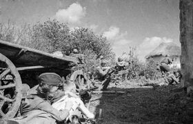 Советские войска ведут бой за населённый пункт, Кавказский фронт, фото М. Альперта, июнь 1942 года.