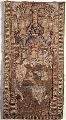Попытка крещения Радбода (вышивка XVI века). Музей монастыря Святой Екатерины[nl], Утрехт