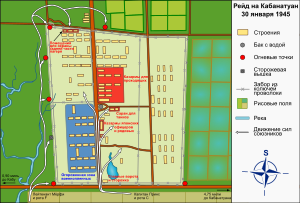 Overhead map of the layout of the prisoner camp. Arrows indicate the directions the American soldiers attacked the camp, and a legend at the right indicates the types of buildings located in the camp