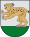 A coat of arms depicting a golden lynx with black spots, a red tongue, white teeth, and white claws standing on its back paws on green turf