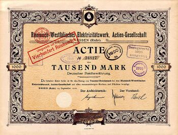 Акция Рейнско-вестфальской энергетической компании 1910 года с подписью Гольденберга
