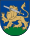 A coat of arms depicting a golden lion holding a silver-bladed sword in its mouth with a golden hilt and standing on green turf all on a blue background