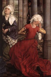 Рогир ван дер Вейден. Алтарь «Семь таинств». 1445—1450. Фрагмент. Женщина справа в платье отрезном по талии с широкой юбкой и шлейфом