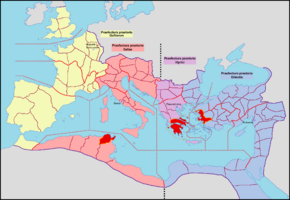 Четыре преторианские префектуры, согласно Notitia Dignitatum, ca. 400 AD. Преторианская префектура Востока выделена синим цветом.