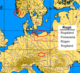 Вероятные зоны проживания ругов: Ругаланн, Померания(с I века), Ругиланд(V век), Рюген(неизвестно)