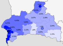 Доля русских по районам     >10%     8–10%     5–8%     2–5%     <2%