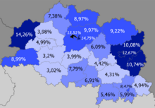 Доля русских по районам     >15% (15,51%)     10–15%     8–10%     5–8%     <5%