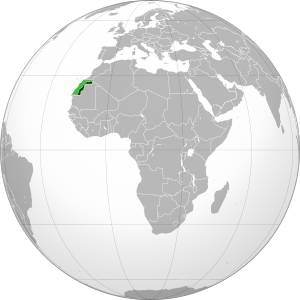 Сахарская Арабская Демократическая Республика на карте мира. Светло-зелёным обозначена спорная территория Западной Сахары