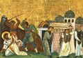 Мученичество Тимофея Эфесского и перенос его мощей в храм Апостолов (миниатюра из Минология Василия II, 979—989 годы)