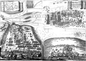Гравюра, битва при Райнфельдене с высоты птичьего полёта. Маттеус Мериан 1670