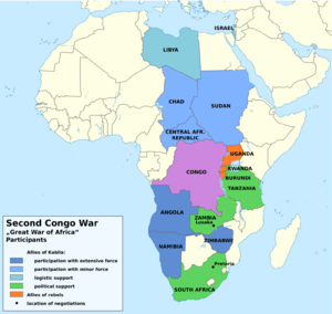 Демократическая Республика Конго (лиловым цветом) и другие африканские государства, которые были в различной степени вовлечены в конфликт