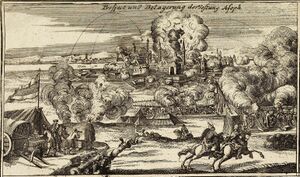 Изображение осады Азова в 1736 году. Показан момент взрыва порохового погреба 19 июня 1736 года.