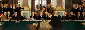 Фрагмент картины «Подписание мира в Зеркальном зале». Изображено подписание Версальского договора.
