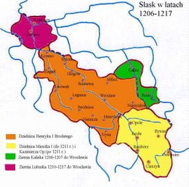 Силезия в 1206-1217 годах Опольско-ратиборское княжество закрашено жёлтым цветом
