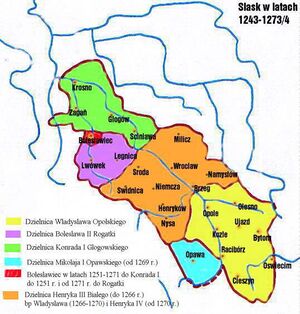 Силезия в XIII веке. Опавское княжество закрашено голубым