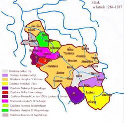 Силезия в 1284-1287 годах. Бытомское княжество выделено розовым цветом.