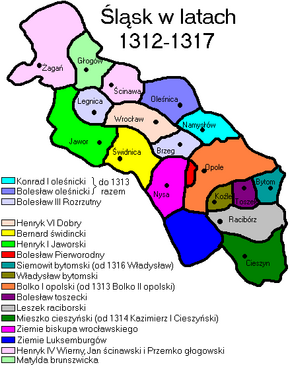 Силезия в 1312-1317 годах. Немодлинское княжество закрашено красным цветом