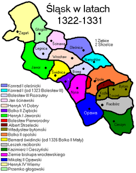 Силезия в 1322—1331 годах. Глогувское княжество закрашено светло зеленым цветом