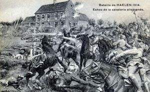 Открытка времён войны, изображающая «провал немецкой кавалерии» в битве при Халене