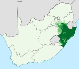 Распространение зулу в ЮАР, доля населения, говорящая на зулу дома:      0–20%      20–40%      40–60%      60–80%      80–100%