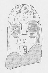 Рисунок древнеегипетского поврежденного сфинкса с изображением царя Санхенра Ментухотепа. Картуш между ног содержит имя Санхенра. Найден в Эдфу в 1924 году вместе с другим подобным сфинксом с картушем Ментухотепа