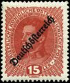Надпечатка Германской Австрии (1918, 15 геллеров) — австрийского государственного образования в 1918—1919 годах (Sc #186)[^]