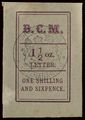 1884, надписи «B. C. M.», «LETTER.» («Письмо») и «1½ oz.», 1 шиллинг 6 пенсов, чёрная печать вице-консульства (Sc #7)