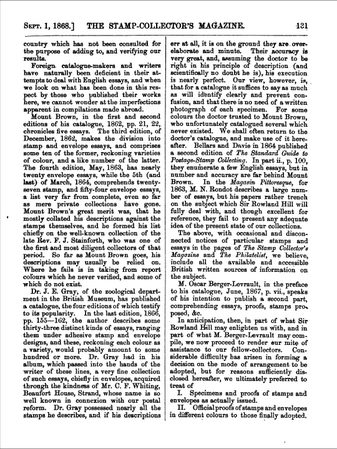 Страница с описанием ранних каталогов марок Дж. Грея (1866) и О. Берже-Левро (1867)