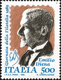 Портрет и факсимиле Эмилио Диены на марке Италии, 1989 (Sc #1793)[^]