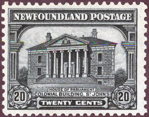 Доминион Ньюфаундленд (1928): номинал в 20 центов. «Колониальное здание»[en] (бывшее здание парламента)