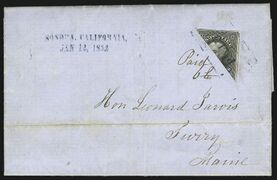 Конверт Сонора, Калифорния, США, 1852-1-12, с половиной марки США, 1951-7-1  ( Mi #7; Sc #17; SG #19; Yt #8 )