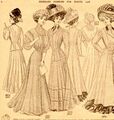 Газетная вставка за 1908 год демонстрирует более консервативный крой, нежели последние парижские моды, но талии располагаются выше, фигура тоньше и более прямая, чем в первую половину десятилетия.