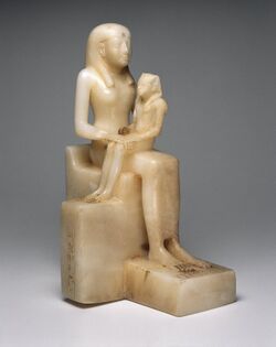 Statuette of Queen Ankhnes-meryre II and her Son, Pepy II, three quarter view.jpg