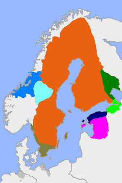 На карте показаны границы Швеции в 1658, по условиям мира к ней отошли Ижорская земля (светло-зелёный) и часть Карелии (темно-зелёный)