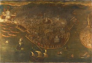 Падение Константинополя. Неизвестный венецианский художник кон. XV — нач. XVI века. Видны османские, а также генуэзские, венецианские, критские и византийские суда. Над Золотыми воротами и Керкопортой развеваются османские флаги, над городом — клубы дыма