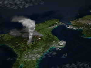 Компьютерное изображение гигантской эруптивной колонны во время извержения Оруануи.